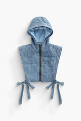 Quilted Knot Side Zipper Hooded Denim Vest