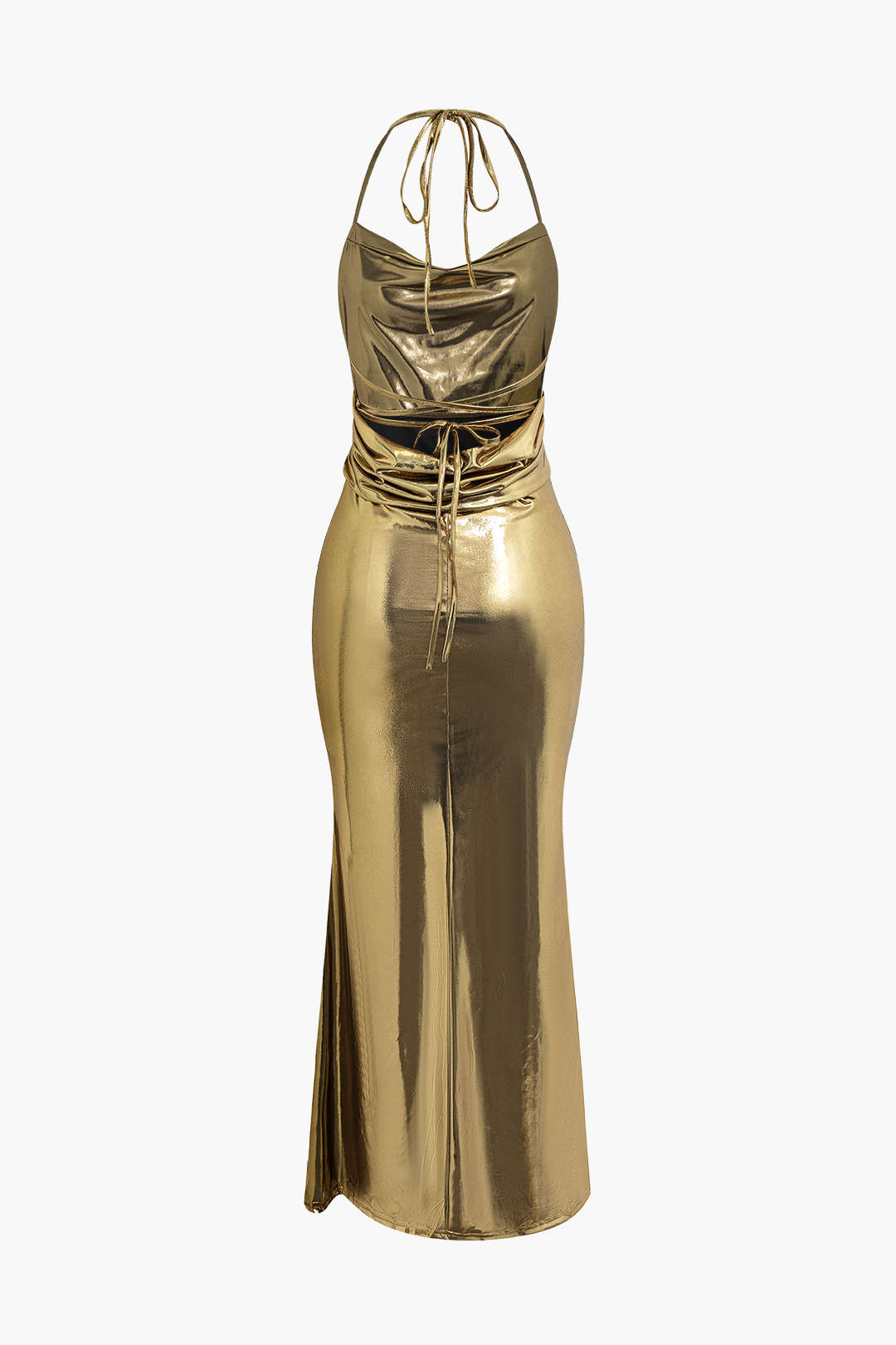 Metallic Tie Halter Cowl Neck Backless Maxi Dress