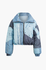 Denim Print High Neck Puffer Coat