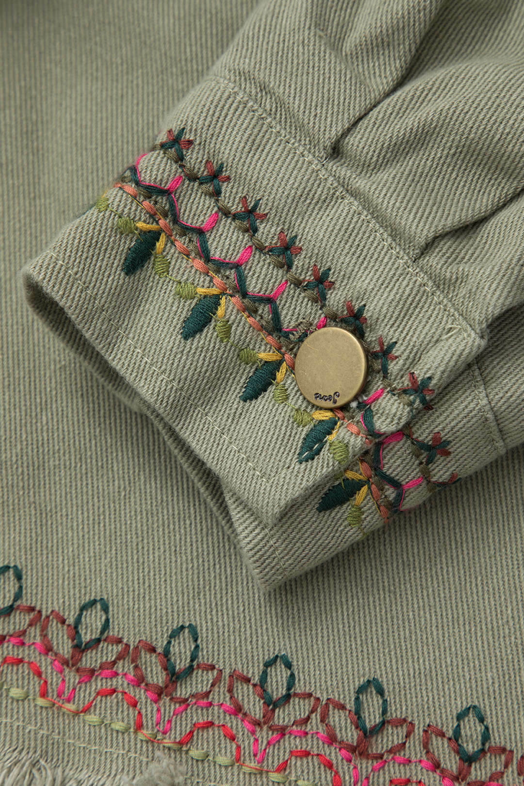 Embroidered Frayed Hem Button Up Pocket Lapel Jacket