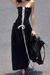 Lace-Up Smocked Strapless Maxi Dress