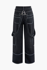 Stitching Straight Leg Flap Pocket Jeans With Eyelet Tie