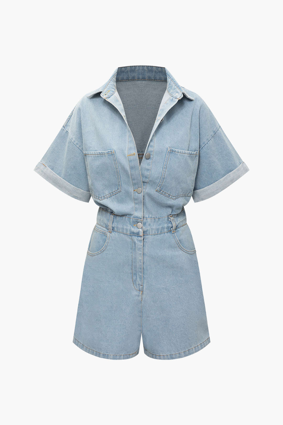 Denim Multi Pocket Button Rolled Cuff Jumpsuit