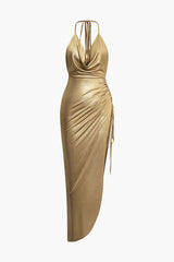 Metallic Asymmetrical Ruched Halter Midi Dress