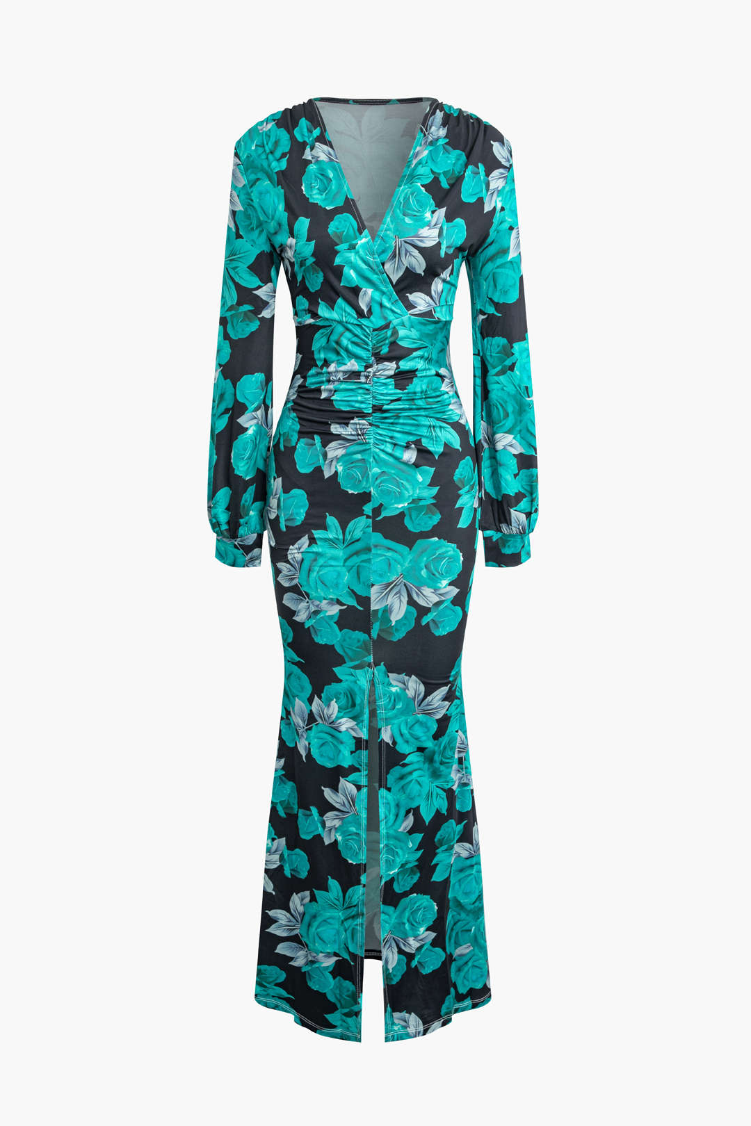 Floral Print V-neck Slit Front Ruched Maxi Dress