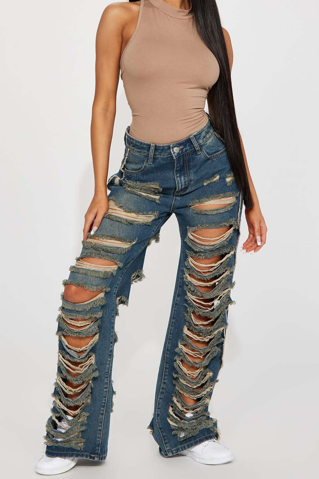 Low Rise Ripped Straight Leg Jeans