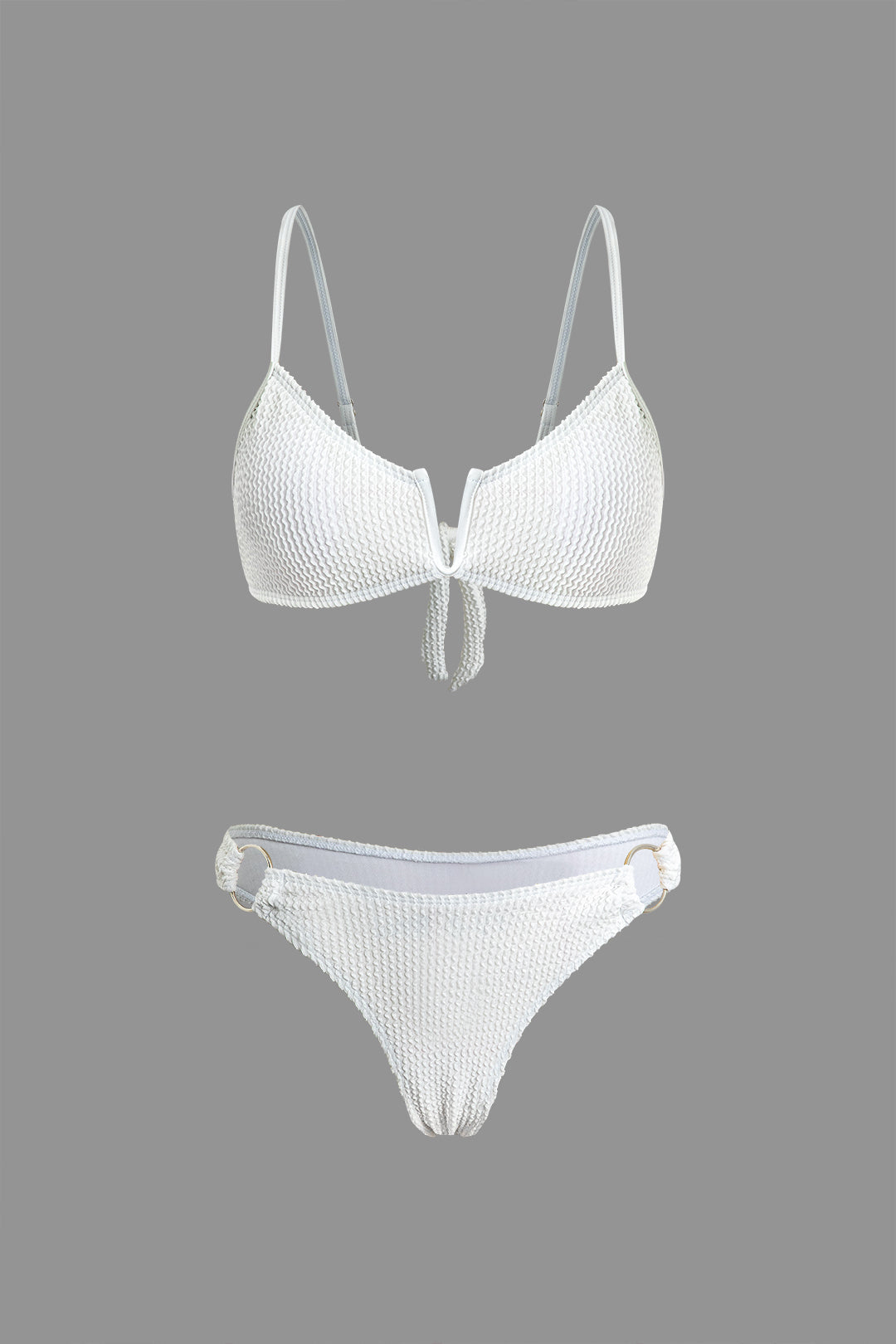 Textured V-neck Knot Back O-ring Bikini Set