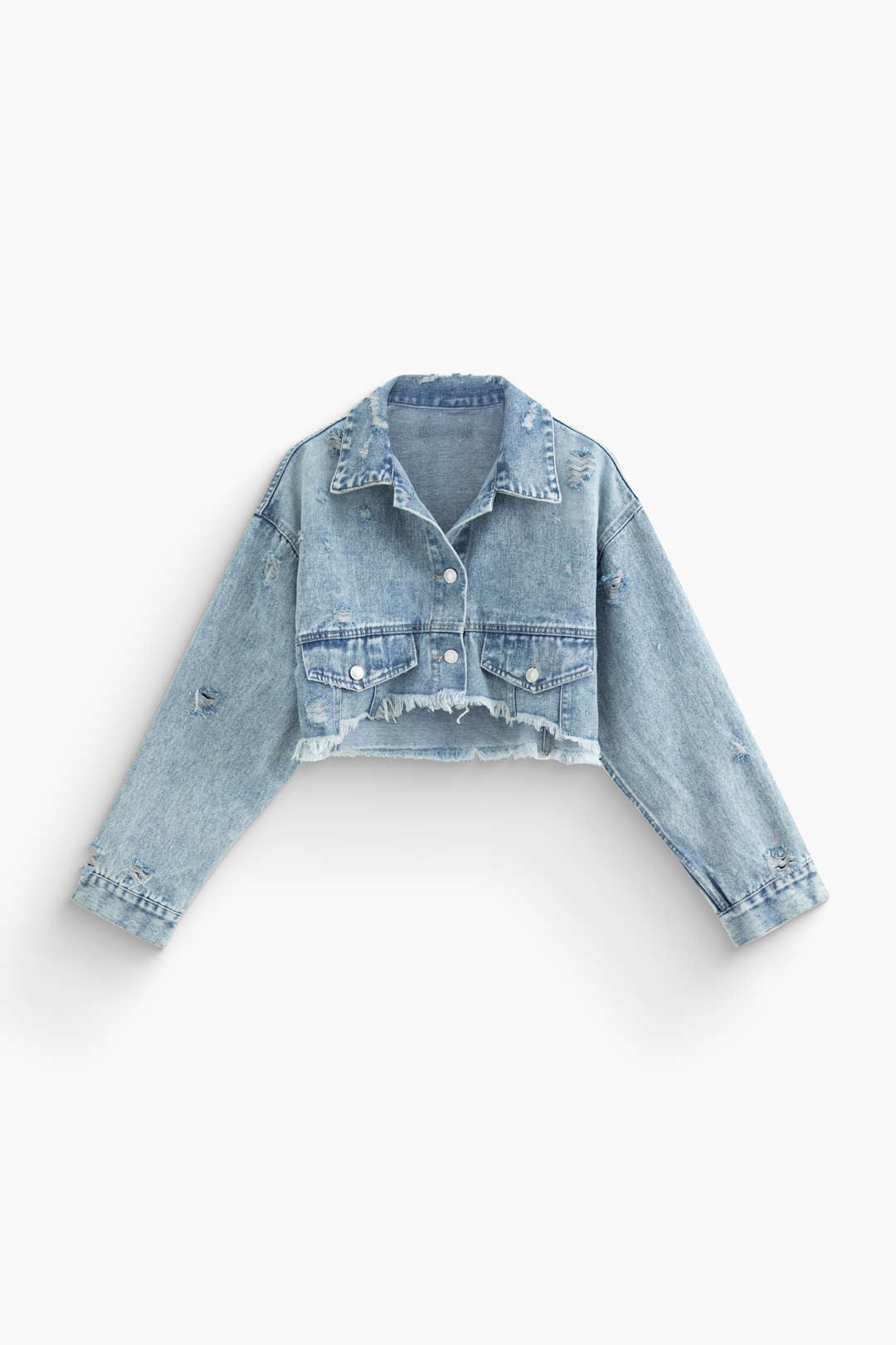 Frayed Button Crop Denim Jacket