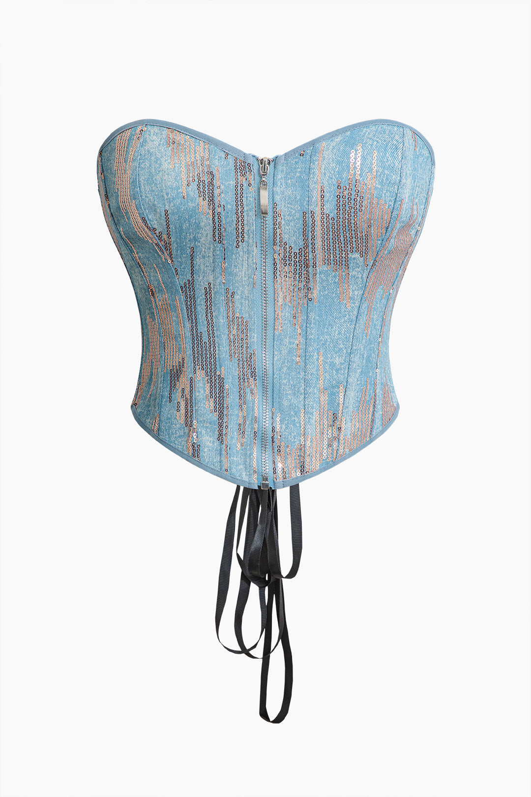 Sequin Zipper Front Lace-Up Denim Tube Top