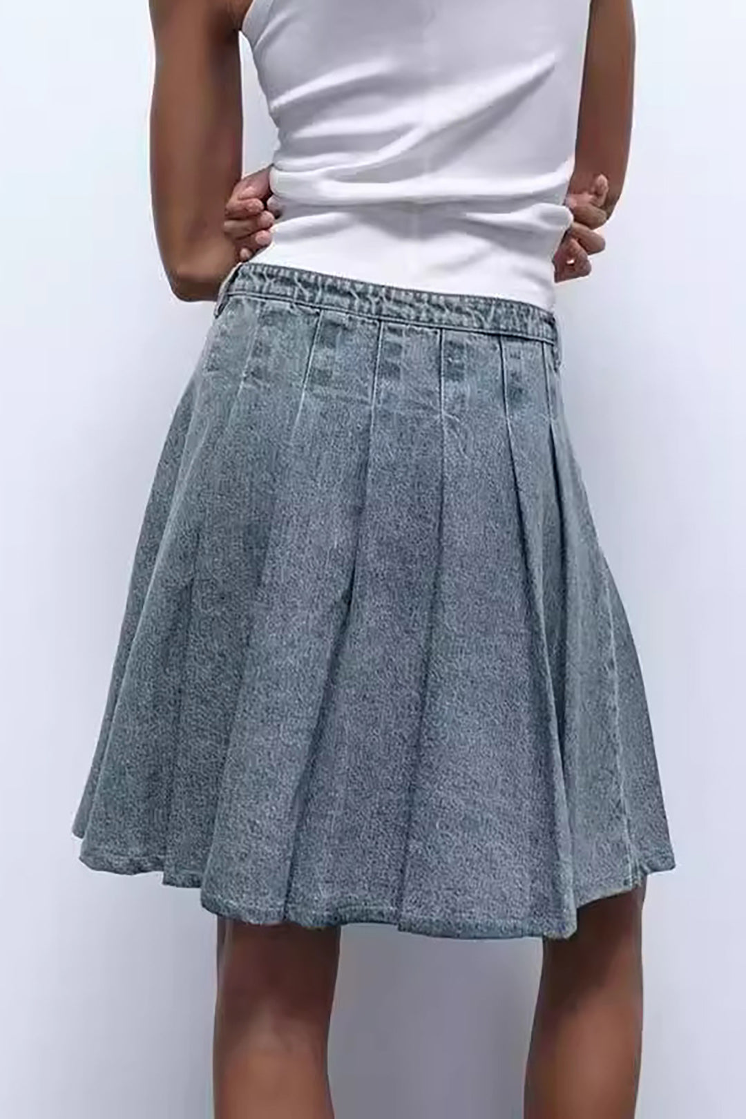 Denim Pleated Mini Skirt