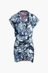 Floral Print V-neck Cut Out Ruched Wrap Mini Dress