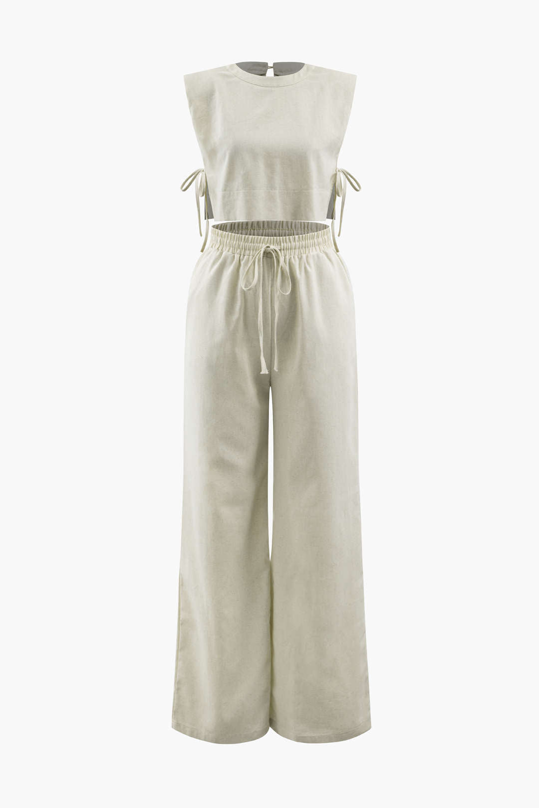 Linen Padded-Shoulder Tie Side Top And Drawstring Pants Set