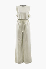 Linen Padded-Shoulder Tie Side Top And Drawstring Pants Set