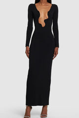 Deep V-neck Pearl Detail Long Sleeve Maxi Dress