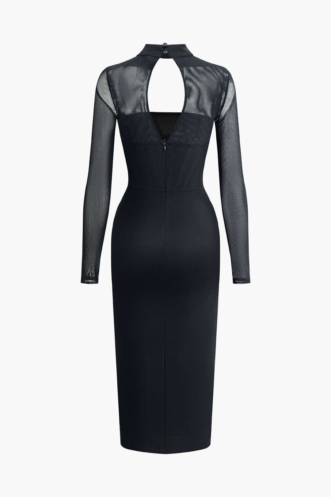 Cut Out Mesh Mock Neck Zipper Midi Dress