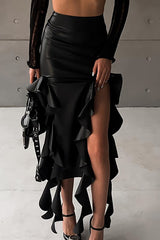 Faux Leather Ruffle Slit Midi Skirt