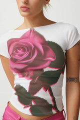 Rose Print Backless T-shirt