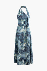 Watercolor Print Halter Backless Maxi Dress