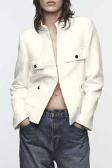 Button Detail Stand Collar Patch Pocket Jacket