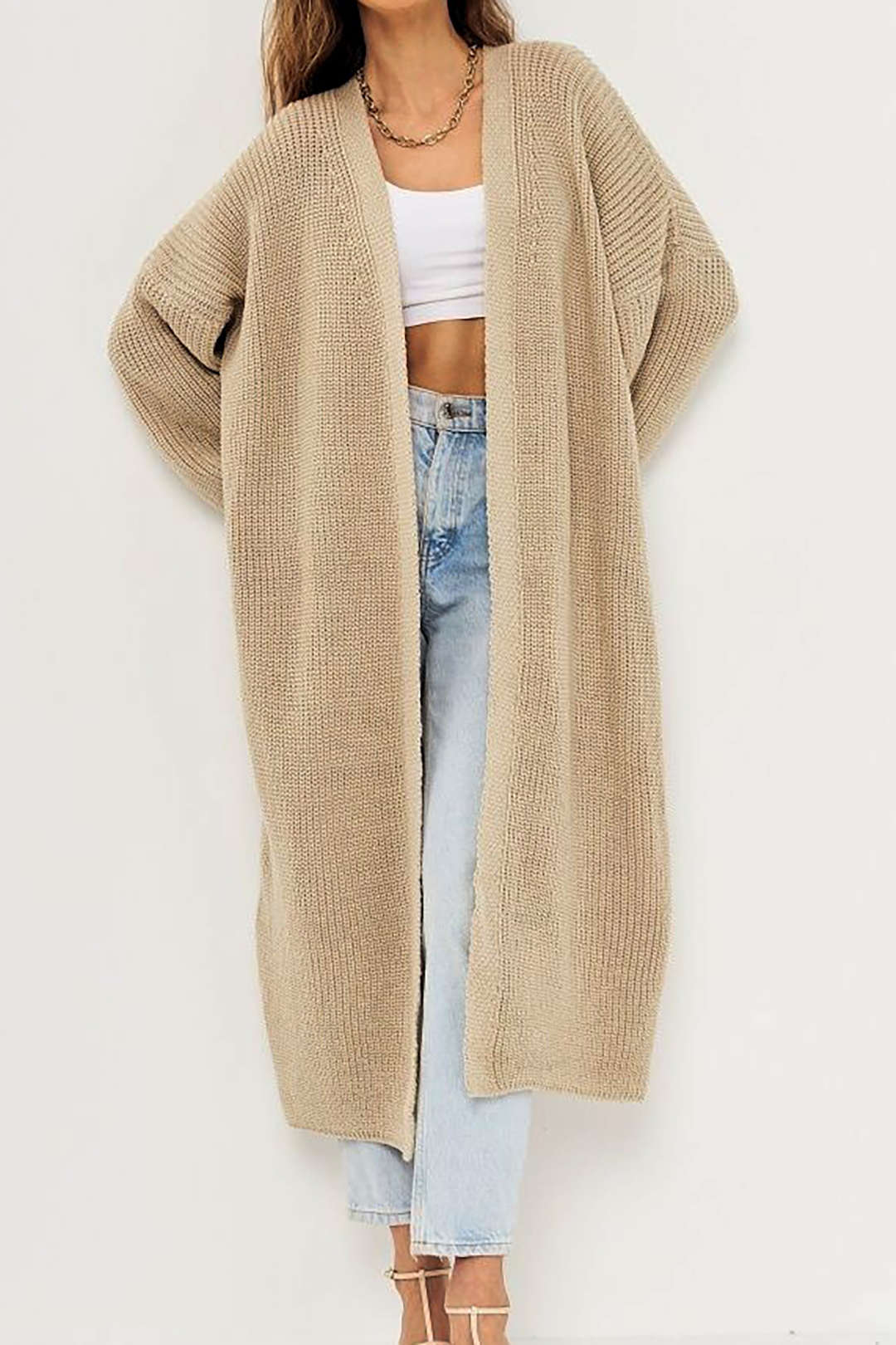 Open Front Drop Shoulder Long Sleeve Knit Coat