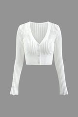 Open Knit V-neck Button Up Long Sleeve Top And High Waist Pants Set