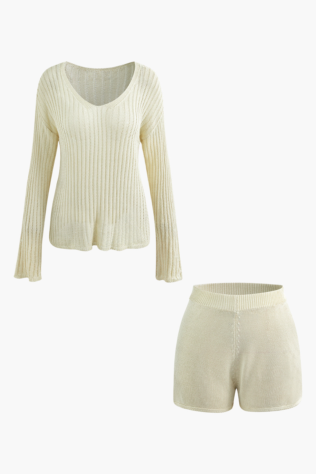 V-neck Long Sleeve Knit Top And Shorts Set