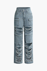 Ripped Flap Pocket Straight Leg Jeans