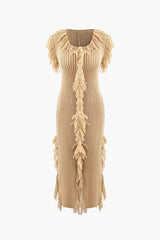 Fringe Square Neck Sleeveless Slit Knit Maxi Dress