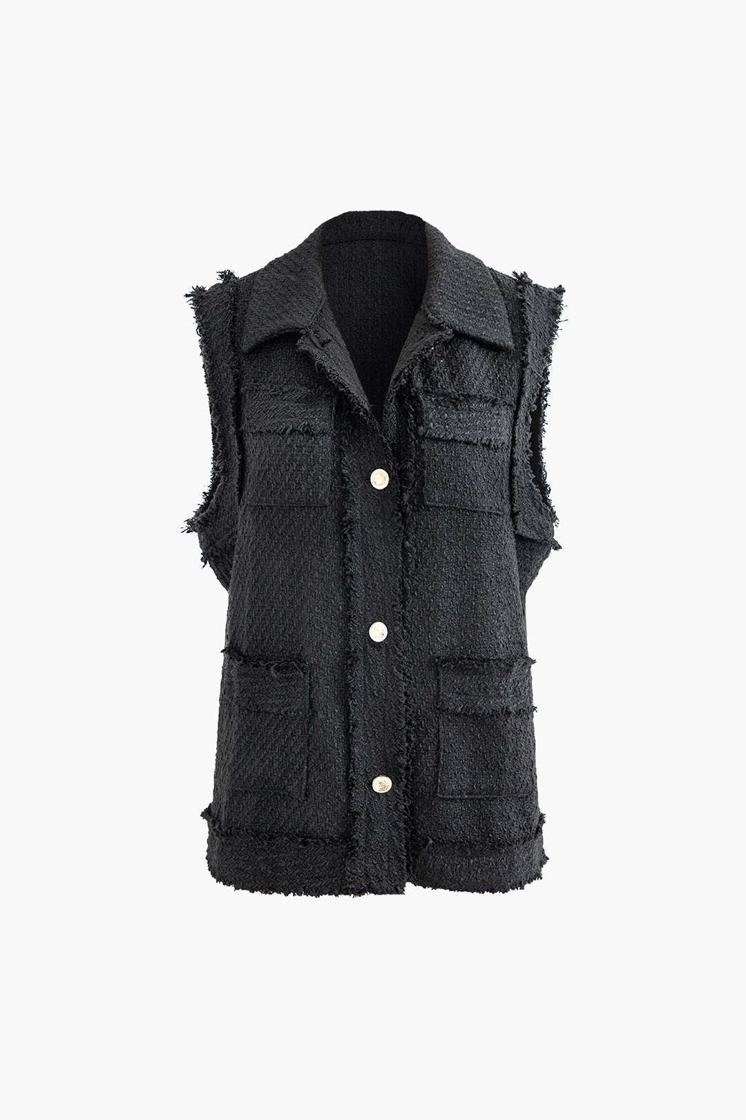 Frayed Trim Textured Tweed Collared Vest