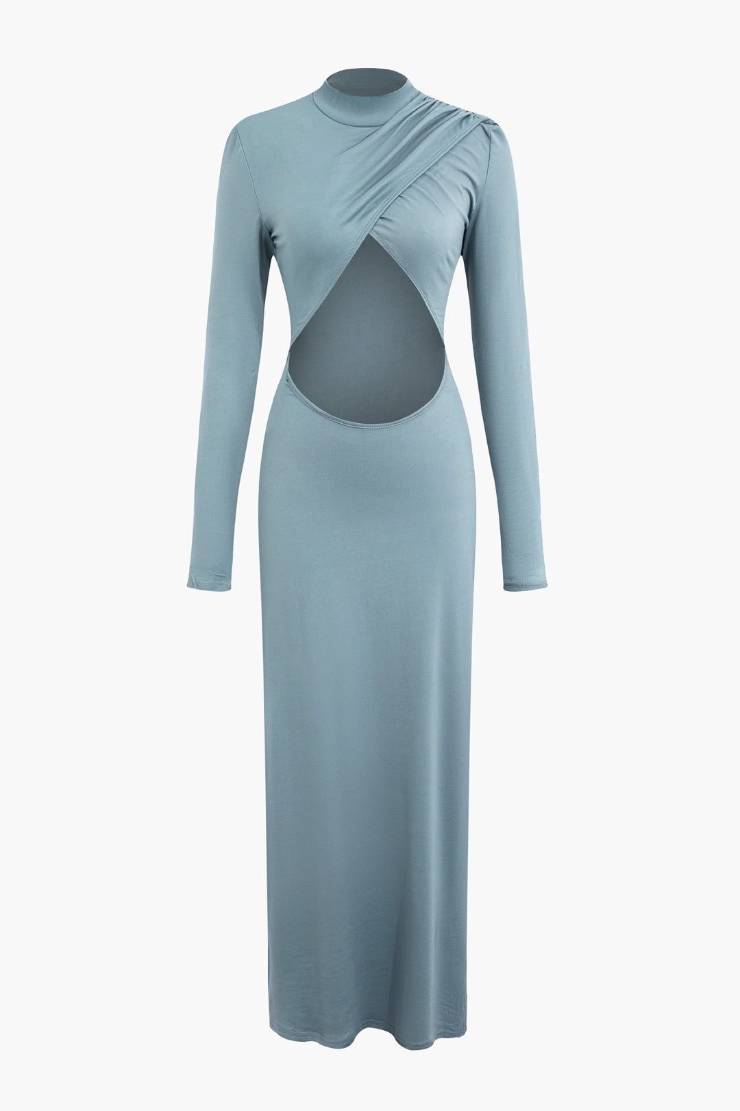 Solid Cross Cut Out Mock Neck Long Sleeve Maxi Dress