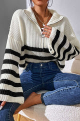 Oversized Stripe Zipper Stand-Up Collar Sweater