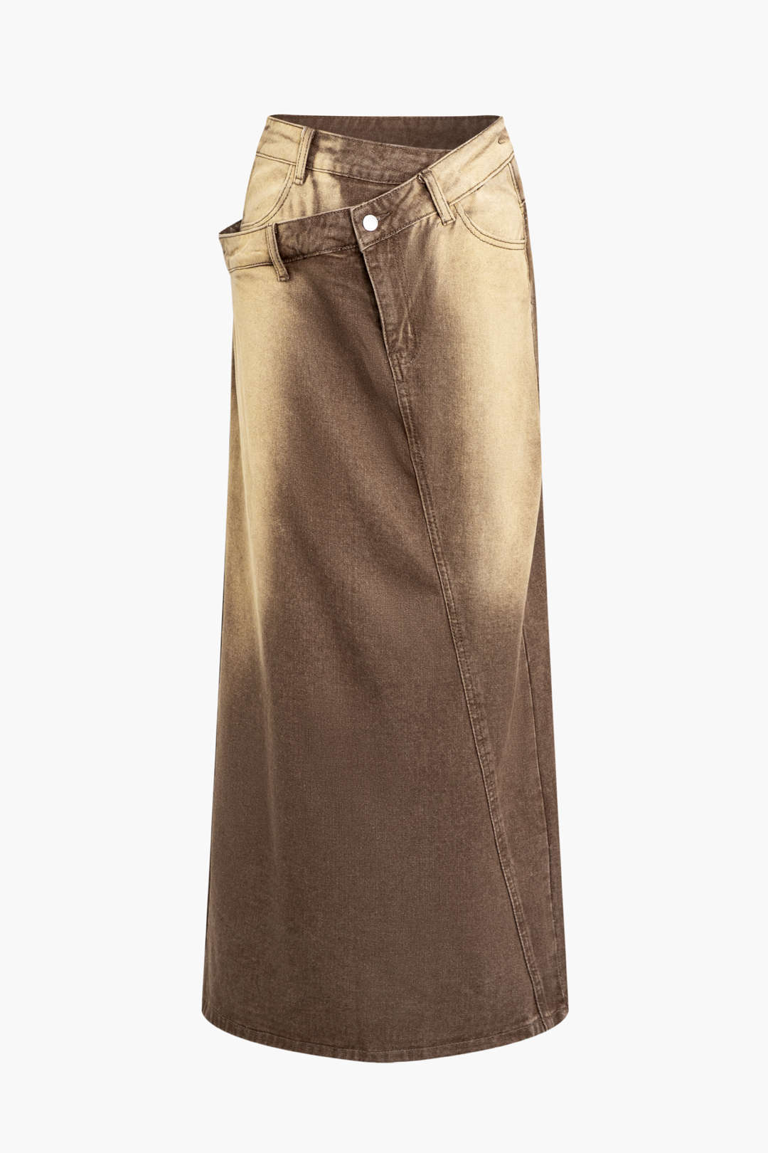 Faded Asymmetric Waist Denim Split Maxi Skirt