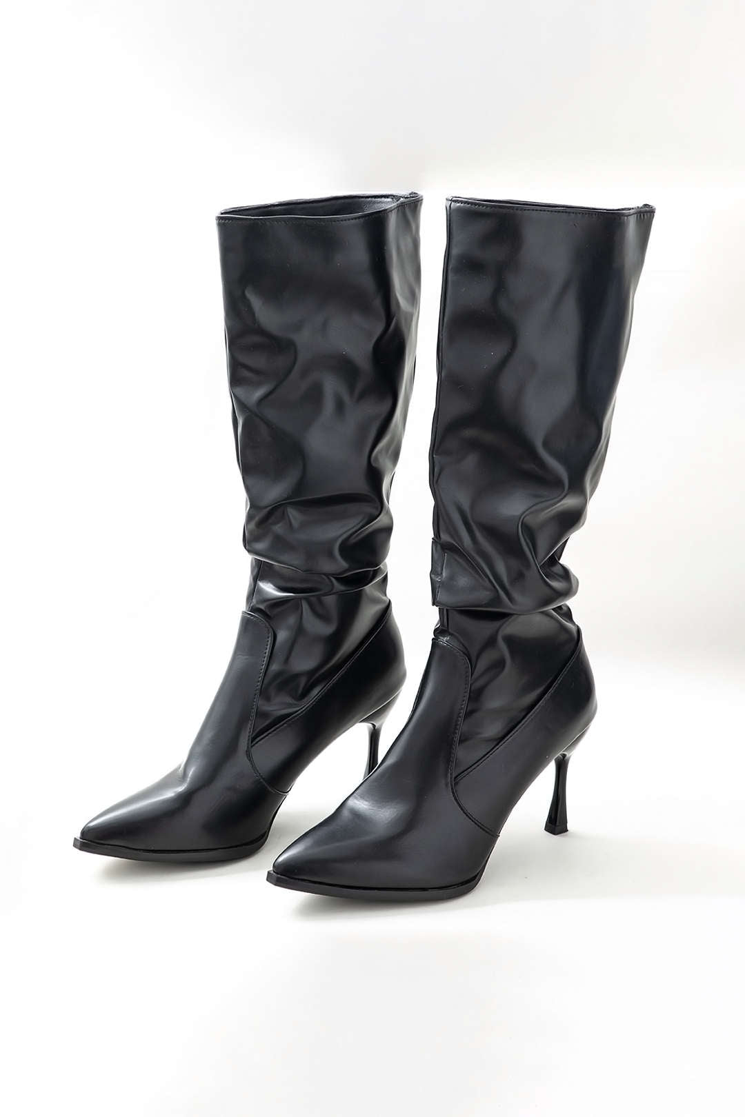 Faux Leather Ruched Stiletto Pointed Toe Knee-high Boots