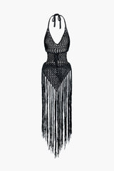 Fringe Tie Halter Hollow Out Backless Cover Up