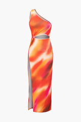 Ombre One Shoulder Ruched Cut Out Slit Maxi Dress