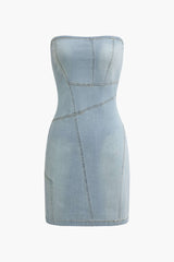 Faded Zipper Strapless Denim Mini Dress