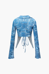 Denim Pattern Print V-neck Tie Front Long Sleeve Top