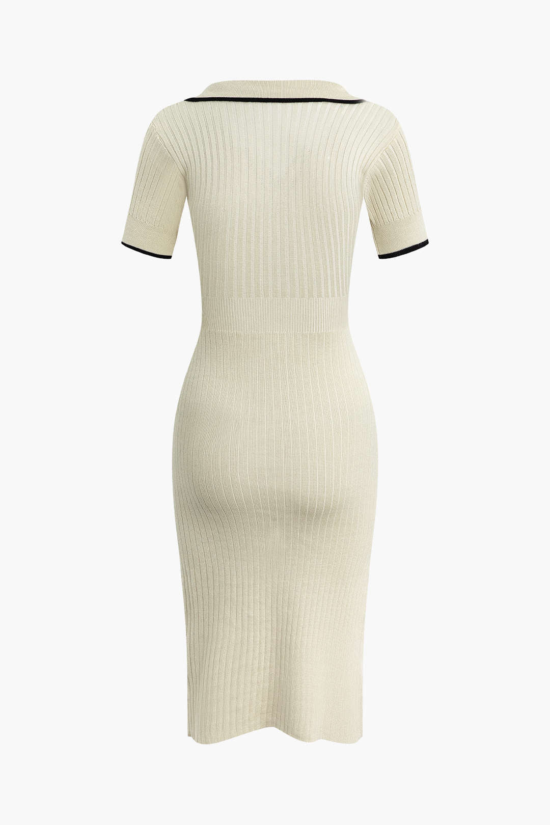 Contrast Trim Collared Rib Knit Short Sleeve Midi Dress