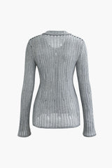 Distressed Collared Long Sleeve Knit Top