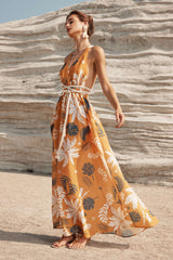 Leaves Print V-neck Rope Tie Backless Maxi Dress