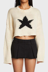 Star Pattern Round Neck Pullover Long Sleeve Knit Sweater