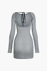 Stripe Tie Backless Round Neck Long Sleeve Mini Dress