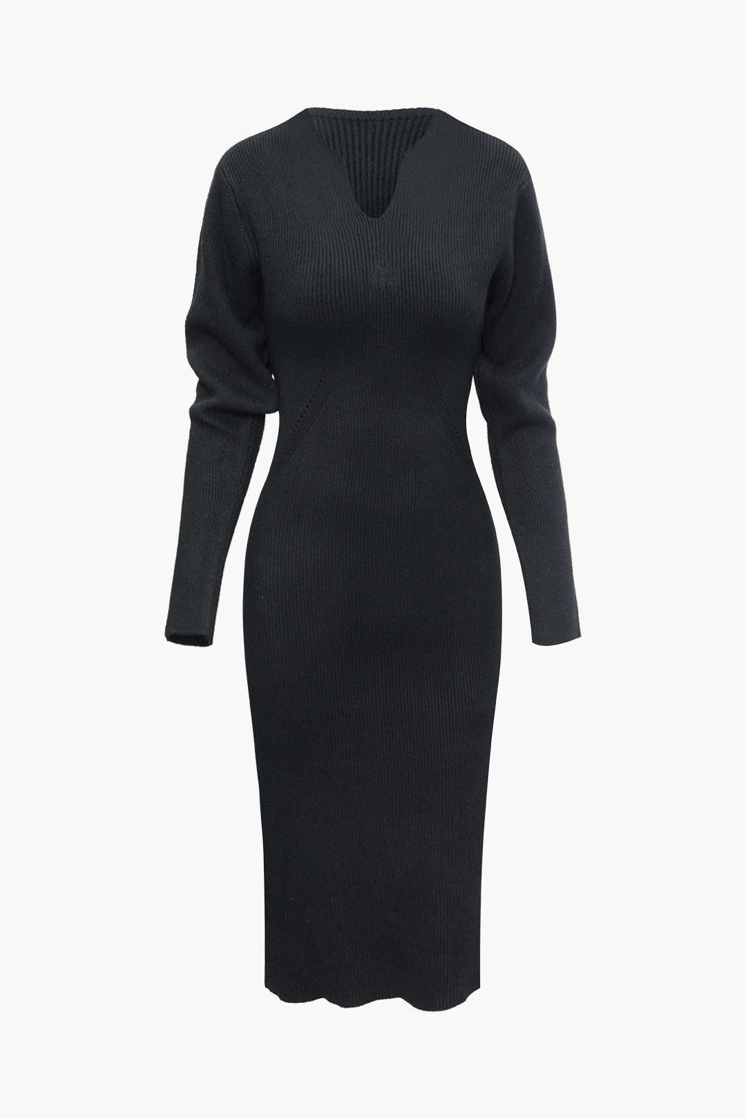 Solid V-neck Rib Knit Long Sleeve Midi Dress