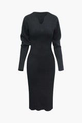 Solid V-neck Rib Knit Long Sleeve Midi Dress