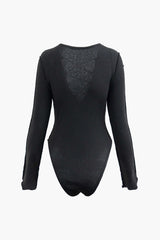 Solid V-neck Rib Knit Long Sleeve Bodysuit