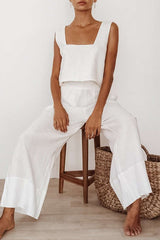 Solid Square Neck Tank Top And Pleated Wide Leg Pants Set