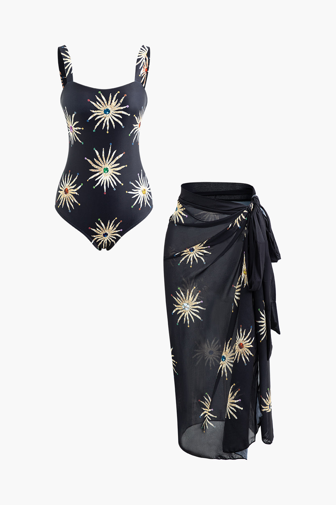 Printed Square Neck Bodysuit And Wrap Skirt Set