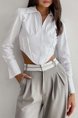 Solid Zipper Collared Long Sleeve Crop Shirt