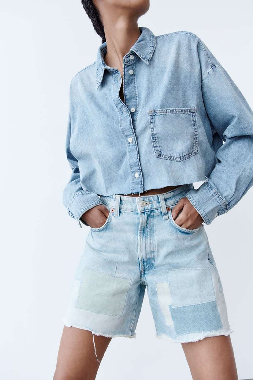 Faded Denim Button Up Raw Hem Crop Shirt