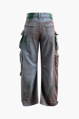 Dirty Stained Flap Pocket Straight Leg Cargo Jeans